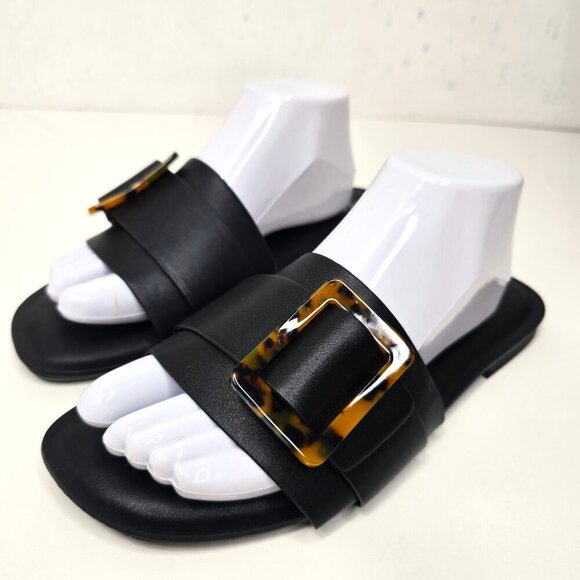 NWT Lane Bryant 10W Black Big Tortoise Buckle Slip on Sandals Slides Flats - Picture 2 of 7